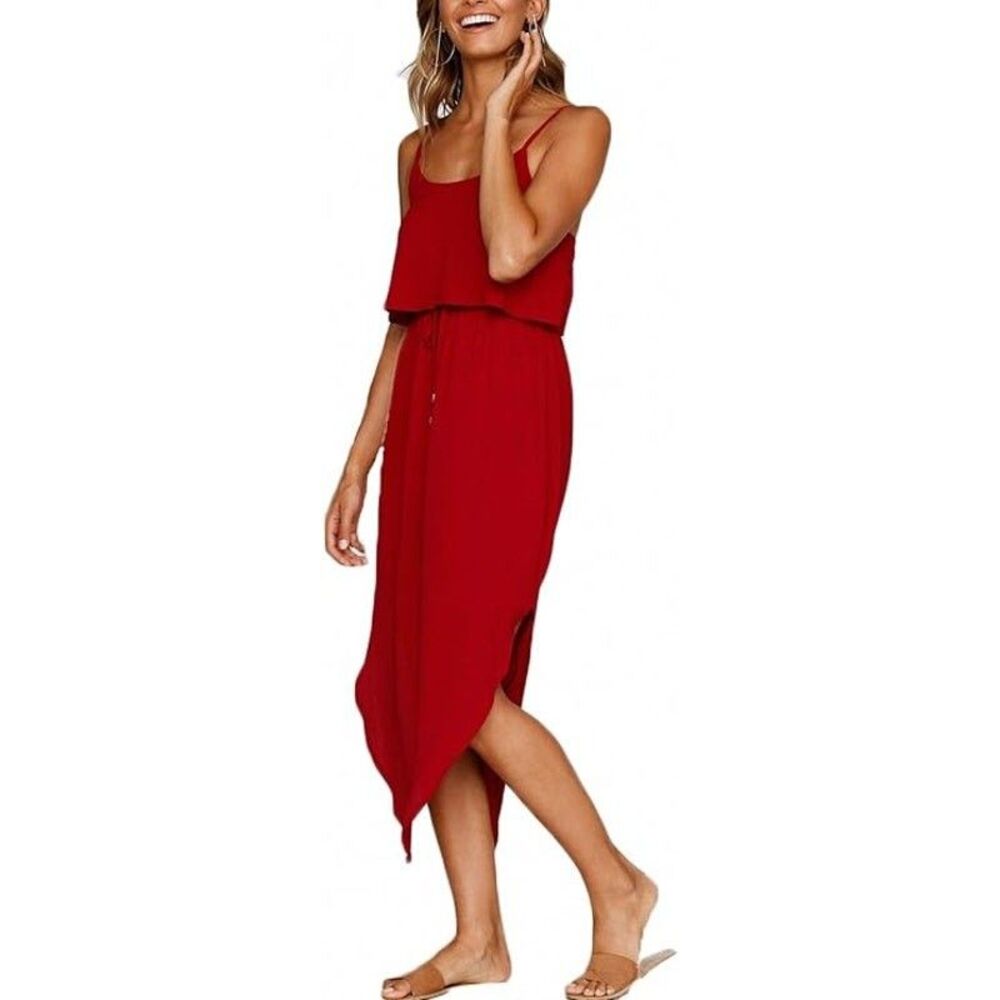 Women's Adjustable Strap Red Split Side Midi Sun Dress Size M New With Tags